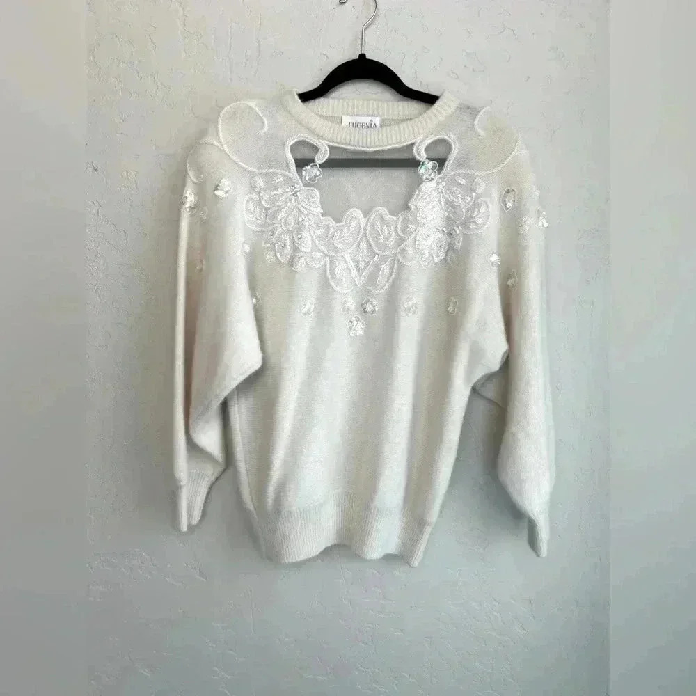 Eugenia MED Vintage Cottagecore Oldmoney 90’s embellished wool angora sweater